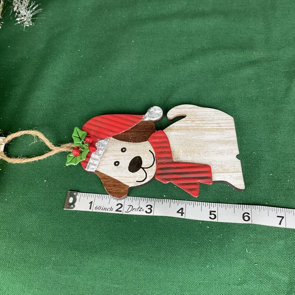 Rustic Wooden Dog with Corrugated Metal Santa Hat & Scarf Christmas Ornament